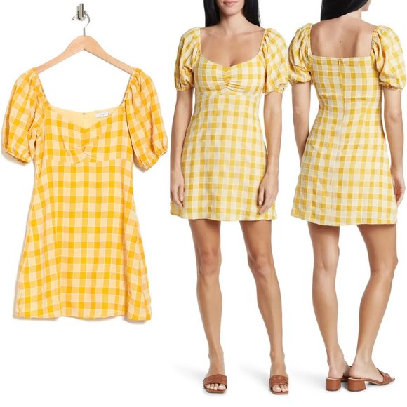 NEW Lush Checker Gingham Plaid Ruched Sweetheart Mini Dress Marigold Yellow M - Picture 7 of 8